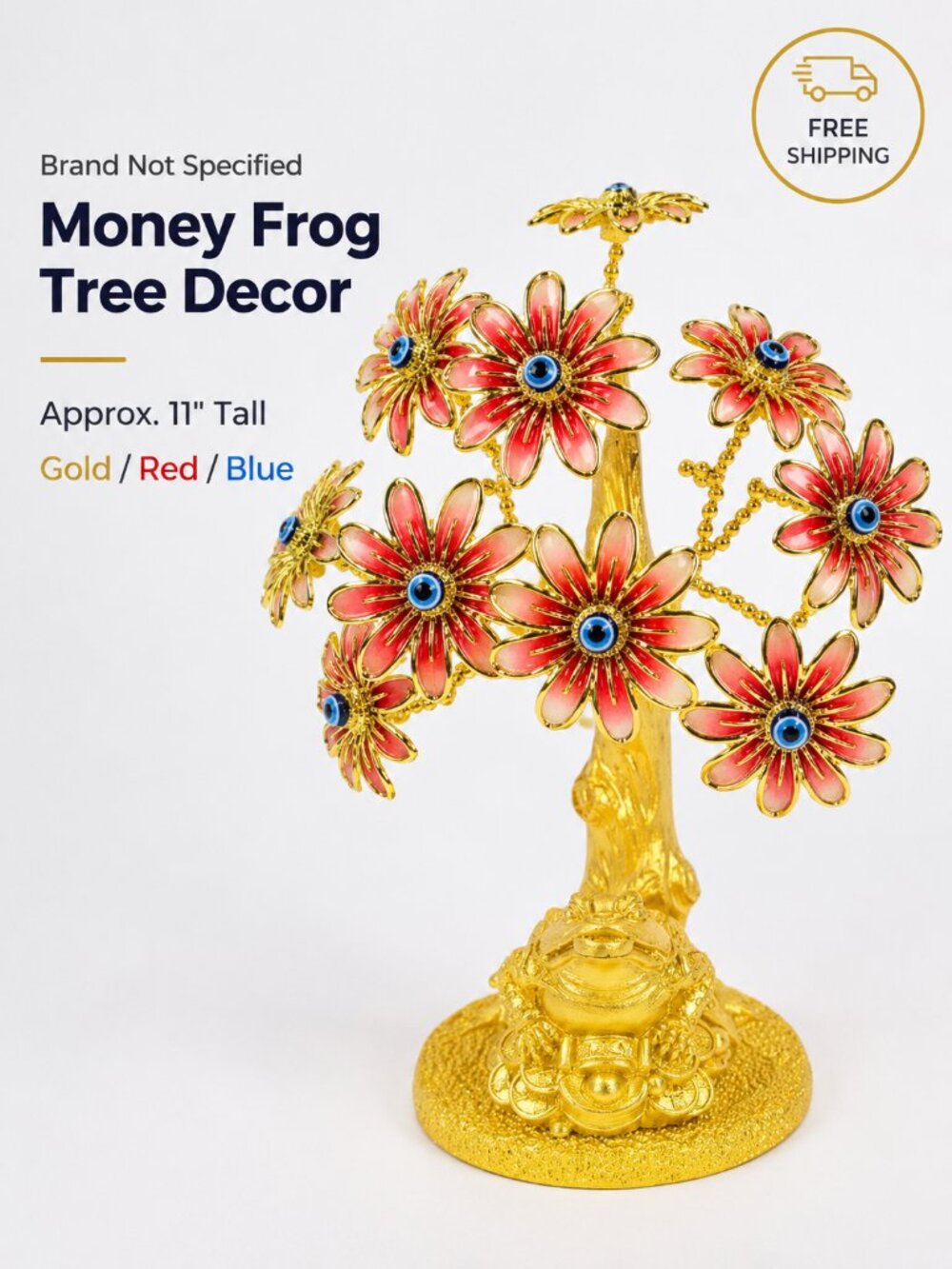 Feng Shui Gold Money Frog Tree 11" Red Evil Eye Flowers Decor New Box